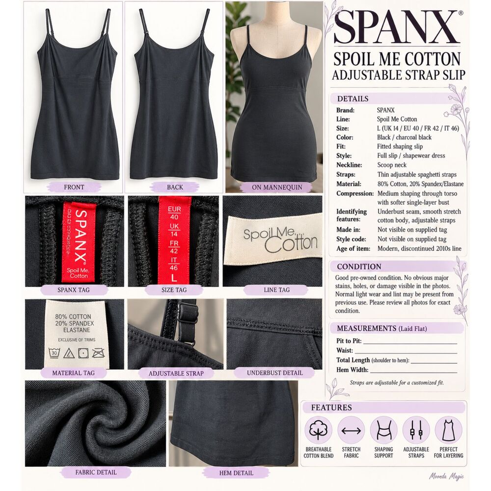 SPANX Spoil Me Cotton Shaping Slip Dress Black Size Large L Adjustable Straps